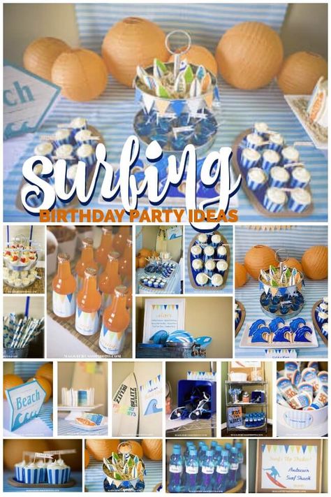 Surfing Birthday Party, Surf Theme Party, Surfing Party, Shark Themed Birthday Party, Surf Party, Twin First Birthday, Shark Birthday Party, Surf Shack, Beach Birthday