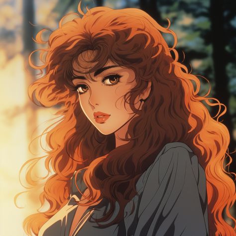 1980s anime screenshot, a beautiful woman with long curly hair #beautiful #woman #anime #1980s #avatar #midjourney Anime Curly Hair Reference, Anime Long Curly Hair, Girl With Curly Hair Drawing, Curly Hairstyles Anime, Long Curly Hair Drawing, Ginger Anime Female, Curly Hair Character Design, Curly Anime Hair, Curly Hair Anime Pfp