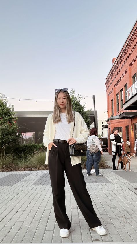 Trouser Autumn Outfit, Black Trousers And Cardigan Outfit, Nike Wide Leg Pants Outfit, Cardigan Wide Leg Pants, Black Pants And White Top Outfit, Aritzia Effortless Pant Outfit Casual, Wide Leg Pants Outfit Sneakers, Off White Cardigan Outfit, Cardigan White Outfit