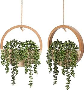 Floweroyal 2pcs Artificial Succulents Hanging Plants 12.2'' Fake String of Pearls in Pot with 8.3'' Lanyard for Indoor Outdoor Wall Decor（Wood Color） Succulents Hanging, Fake Hanging Plants, String Of Pearls Plant, Wooden Planter, Fake Succulents, Artificial Succulents, String Of Pearls, Wooden Planters, Faux Succulents