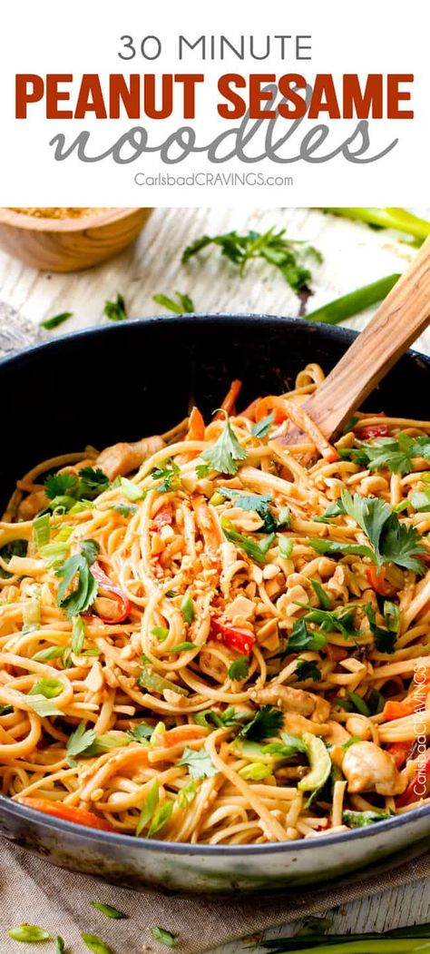 30 Minute Peanut Sesame Noodles (with Chicken and Veggies) - super quick and easy meal all in one with the most amazing creamy peanut sesame sauce you will crave for days! Sesame Noodles With Chicken, Sesame Peanut Noodles, Sesame Noodles Recipe, Noodles With Chicken, Sesame Noodles, Chicken And Veggies, Carlsbad Cravings, Peanut Noodles, Peanut Chicken