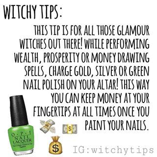 A fun glamour tip that helps to attract wealth, abundance and prosperity! 💸💸💸 You can use any colour nail polish you wish but gold, silver and green is working with colour magick to promote money as well! 💰 Glamour Witch, Glamour Magick, Witchcraft Spells For Beginners, Aphrodite Aesthetic, Nail Polish Colours, Spiritual Beauty, Witchy Nails, Witch Crafts, Witch Tips