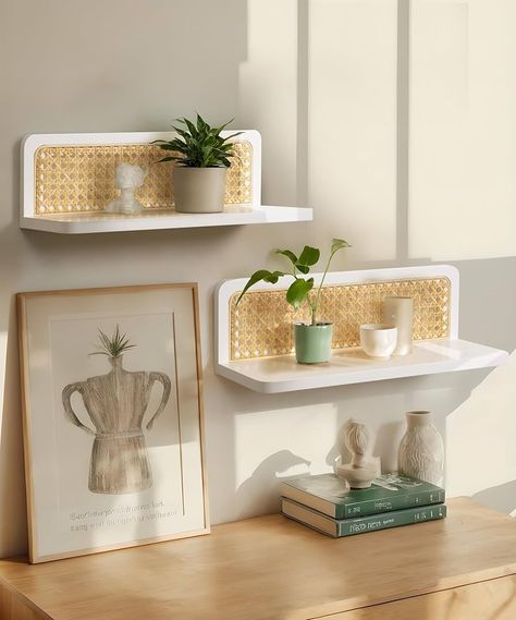 Maxpeuvon White Floating Shelves, Cane Webbing Wall Shelves Set of 2 Boho Rattan Decorative Display Storage Organizer Floating Shelf for Bedroom Living Room Bathroom Kitchen : Amazon.ca: Home Shelf For Bedroom, Cane Webbing, White Floating Shelves, Sewing Furniture, Deck Box Storage, Organization Decor, Shelves In Bedroom, Home Goods Decor, Bathtub Accessories