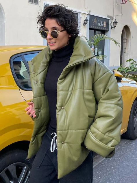 [Quickship] Vegan Leather Down Puffer Jacket | Ahaselected Gabi Livin, Leather Puffer Jacket, Trendy Jackets, Winter Knit Hats, Down Puffer Jacket, Aviator Jackets, Casual Date, Look Stylish, Green Jacket