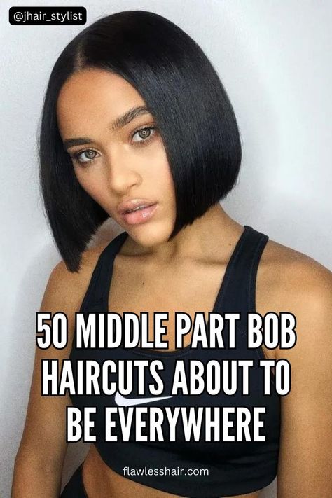 Sleek middle part bob haircut, a trendy choice for versatile and stylish looks. Layered Bob Hairstyles For Black Women Middle Part, Short Bob Hairstyles For Black Women Middle Part, Center Part Layered Bob, Short Haircuts Middle Part, Short Weave Bobs Black Women, Bob Hairstyles Frontal, Bob Weaves Sew In Black Women, Center Part Bob Black Women, Short Middle Part Hair Women