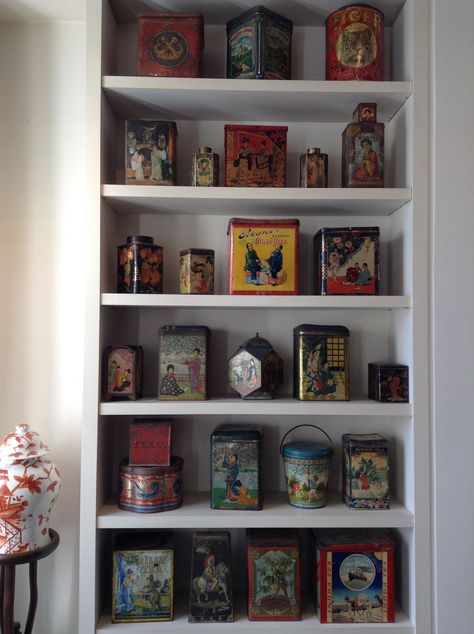 Tea Container, Tin Canisters, Tea Tins, Tea Caddy, Tea Art, Corner Bookcase, Bookcase, Tin, Shelves