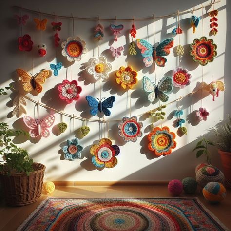 Crochet Hanging Room Decor, Crochet Flower Wall Hanging, Crochet Hanging Decor, Crochet Hanging Flowers, Crochet Flower Hanging, Crochet Decor Ideas, Wall Hanging Decor Ideas, Hanging Decor Ideas, Crochet Artwork