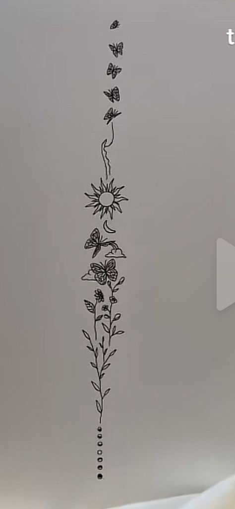 Spinal Tattoo Floral, Vertical Flower Tattoo, Fine Line Spine Tattoos For Women, Upper Spine Tattoo, Butterfly Spine Tattoo, Fine Line Spine Tattoo, Simple Line Tattoo, Spinal Tattoo, Medium Tattoos