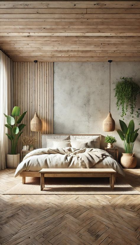 Wall Touch Bed Design, Ibiza Bedroom Interiors, Bedroom Aesthetic Industrial, Natural Luxury Bedroom, Minimalist Mediterranean Bedroom, Natural Bedroom Decor Earth Tones Modern, Bedroom Ideas Wood Wall, Small Wabi Sabi Bedroom, Tulum Interior Design Bedroom