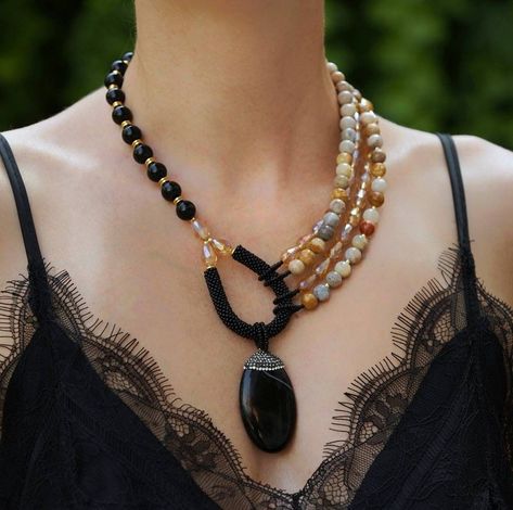 Statement Necklace Black Dress, Large Beaded Necklaces, Chunky Stone Necklace, Big Pendant Necklace, Black Onyx Crystal, Bold Bohemian, Bright Necklace, Statement Jewelry Necklace, Large Bead Necklace