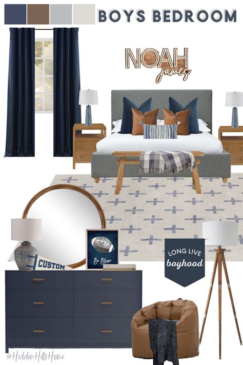 Masculine teen boys bedroom decor mood board with navy blue tones! Boys room decor ideas Masculine Bedroom Mood Board, Blue Room Ideas For Boys, Navy Toddler Boy Room, Navy Teen Boy Bedroom, Navy Kids Bedroom, Navy Blue Toddler Boy Room, Boys Gray Bedroom Ideas, Blue Boys Room Ideas, Kids Bedroom Ideas For Boys Toddler