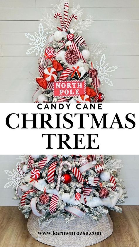 Candy Cane Christmas Tree Ideas-30 Christmas Tree Ideas and Themes. Sweeten your holiday decor with a peppermint candy Christmas tree. Use red and white ornaments, candy canes, and festive bows for cheerful Christmas tree decorations that kids will love. Candy Cane Christmas Tree Theme, Cozy Farmhouse Decor, Glam Christmas Tree, Christmas Styles, Elegant Christmas Tree Decorations, Christmas Tree Inspo, Candy Christmas Tree, Burlap Christmas Tree, Frugal Christmas