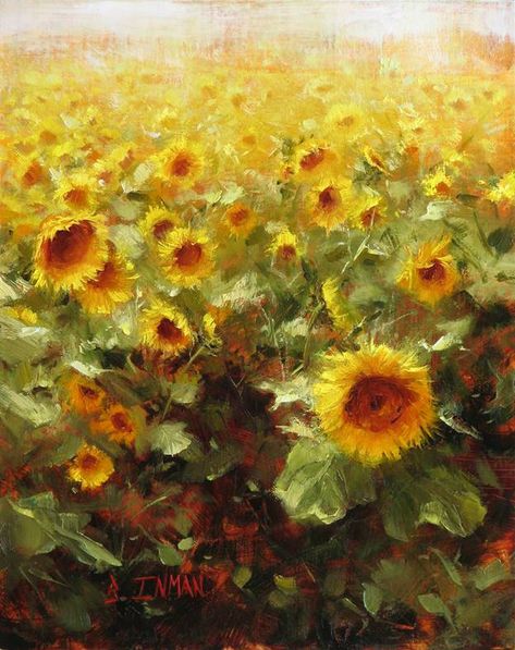 An oil painting titled At the End of the Rainbow by Bill Inman. It is a 10x8 inch painting of a field of sunflowers. Master Oil Painting, Painting Realism, Simple Oil Painting, Oil Painting Woman, Oil Painting For Beginners, Oil Painting Inspiration, Oil Painting Techniques, Painting Easy, Oil Painting For Sale