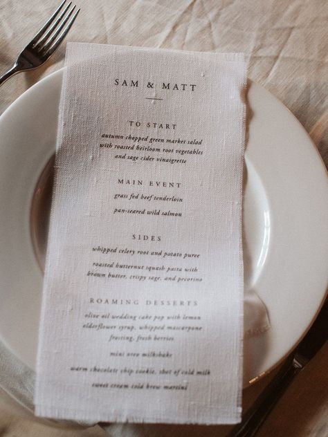 Linen Save The Date, Linen Menu Wedding, Linen Signage Wedding, White Place Setting Wedding, Linen Wedding Signage, Wedding Aestethic, Kantara House, Linen Signage, Wedding Menu Sign