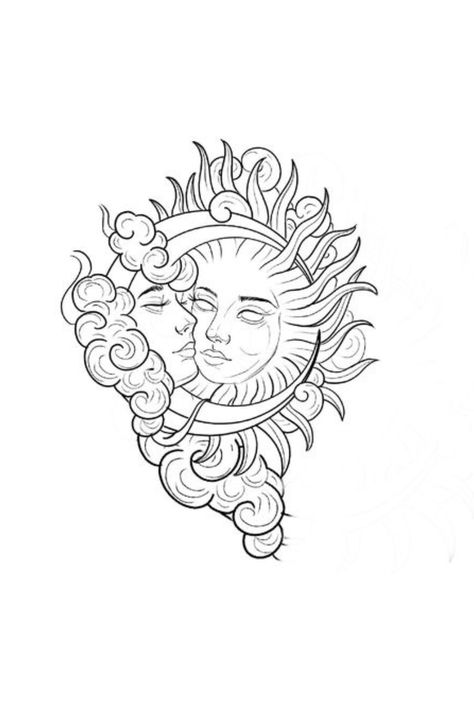 Sun Moon Drawing Simple, Sun And Moon Together Tattoo, Sun Moon Sketch, Sun And Moon Stencil, Sun Tattoo Stencil, Sun And Moon Tattoo Stencil, Sun Moon Tattoo Design, Sun Mandala Tattoo, Moon Tattoo Stencil