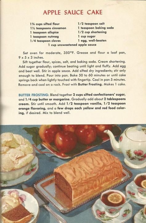 Vintage Recipes 1950s, Apple Sauce Cake, Cottagecore Recipes, 1950s Food, Retro Cake, Applesauce Cake, Recipes Bread, Heirloom Recipes, Vintage Dessert