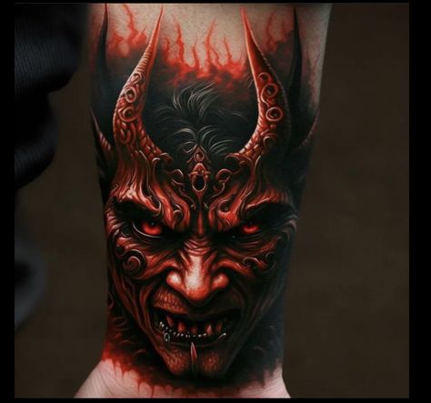 Demon Face Tattoo Design, Demon Eyes Tattoo, Devil Tattoo Demons, Devil Hand Tattoo, Demon Skull Tattoo Design, Creative Tattoo Ideas For Men, Dave Tattoo, Shen Long Tattoo, Es Pennywise