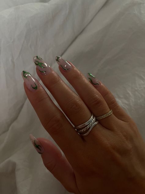 Green chrome design almond nails with gems Almond Nails With Gems, Green Chrome Nails, Nails With Gems, Chrome Design, Green Acrylic Nails, Green Chrome, Chrome Nails, Almond Nails, Nail Inspo