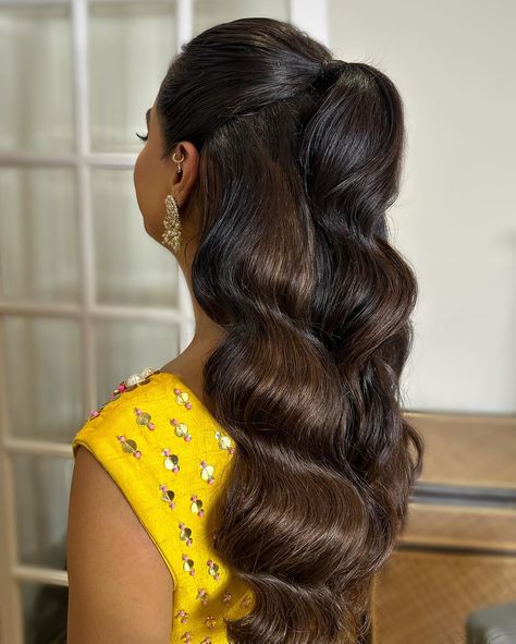 Manisha’s Sangeet night 💛 We went for a half up half down with waves using @milkandblush hair extensions Bridal makeup @makeupbyhimanichawla Bridal hair @hairbyjerna Outfit @papadontpreachbyshubhika #weddinghair #wedding #bridalhair #bride #weddingdress #weddingmakeup #weddingphotography #weddingday #weddinginspiration #hair #bridalmakeup #updo #hairstylist #makeup #hairstyle #hairstyles #bridetobe #makeupartist #bridal #bridesmaids #weddings #love #weddinghairstyle #weddinghairstyles #w... Hairstyle For Jaggo, Sangeet Night, Beautiful Wedding Hair, Makeup Hairstyle, Half Up Half Down, Half Up, Wedding Hair, Bridal Makeup, Wedding Makeup