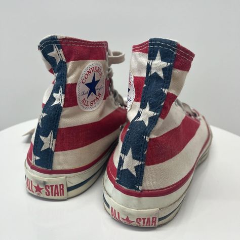 1980s Converse American Flag Hi Tops • Size 6 (Men’s) • $72 getupvintage.etsy.com & in shop ! #converse #americanflag #hitops #1980sconverse 1980s Converse, Hi Top, American Flag, All Star, Converse, Flag, Size 6, Quick Saves