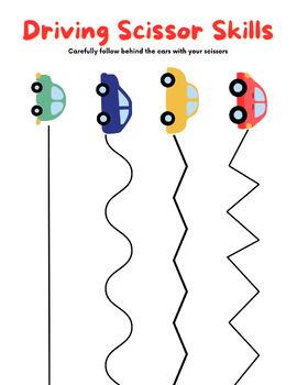 Practice your scissor skills! Cut along the lines trailing behind the cars. Scissor Skills, Free Printables, Pattern