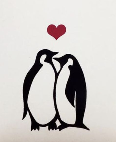 Penguin Heart Tattoo, Simple Penguin Tattoo Outline, Penguin Couple Drawing, Penguin Tattoo Couple, Simple Penguin Tattoo, Partner Tattoos Couples, Partner Tattoos, Penguin Couple, Tattoos Couples