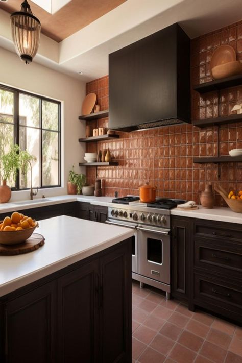 Terracotta Tiles backsplash idea for kitchens with dark cabinets and light countertops. Dark Cabinets With Light Countertops, Terracotta Kitchen Backsplash, Dark Tile Backsplash, Brown Kitchen Tiles, Backsplash Dark Cabinets, Backsplash Ideas For Dark Cabinets, Kitchens With Black Cabinets, Terracotta Kitchen Floor, Terracotta Tiles Kitchen