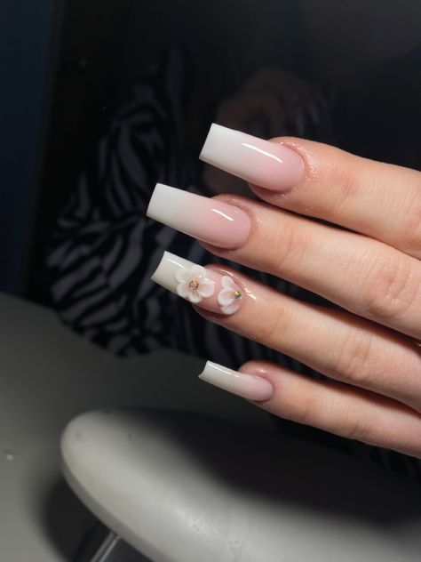 Ombre long acrylics with 3d flowers Plain Ombre Acrylic Nails, Ombre Clear Acrylic Nails, Plain Acrylic Nails Square, Acrylics With 3d Flowers, Long Square Acrylic Nails White Ombre, Ombre Xl Nails, Ombre Acrylic Sign, Flower Acrylics, Ombré Acrylic