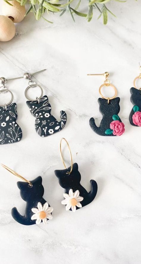 Clay Black Cat Gold Earring Dangle Cat Mom Gift for Cat Lover Polymer Clay Floral Earring Cat Jewelry Handmade Gold Hoop Earring Cats - Etsy Clay Cat Earrings, Cat Clay Earrings, Polymer Clay Cat, Handmade Clay Jewelry, Cat Mom Gifts, Silver Cat, Cat Jewelry, Polymer Jewelry, Cat Earrings