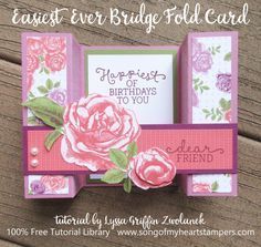 Easiest Ever Bridge Fold Card tutorial Lyssa Zwolanek stampin up shop now - SU - Birthday Blooms stamp set, Petal Garden DSP Stack Birthday Card Ideas For Boys, Birthday Card Photo, Birthday Card Ideas, Step Card, Bridge Card, Fancy Fold Card Tutorials, Step Cards, Shaped Cards, Card Making Tutorials