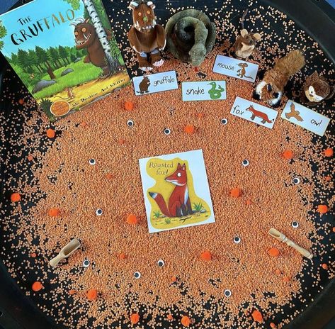 Roasted Fox Gruffalo, Gruffalo Sensory Activities, Gruffalo Activities Eyfs Craft, Gruffalo Crafts For Toddlers, Gruffalo Messy Play, Gruffalo Party Games, Gruffalo Sensory Play, Gruffalo Tuff Tray Ideas, The Gruffalo Eyfs Activities