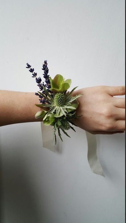 Modern Corsage And Boutonniere, Modern Wrist Corsage Prom, Modern Corsages Wrist, Green Wrist Corsage, Modern Corsage, Unique Corsage, Green Corsage, Wrist Corsage Prom, Wrist Corsages