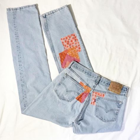 Slow Stitch Patchwork Vintage 501 Levi’s 🌼 button... - Depop Patchwork Jeans Diy, Customised Jeans, Custom Jean, Clothes Hacks, Vintage 501, Concert Fit, Libra Season, Sewing Projects Clothes, Custom Jeans