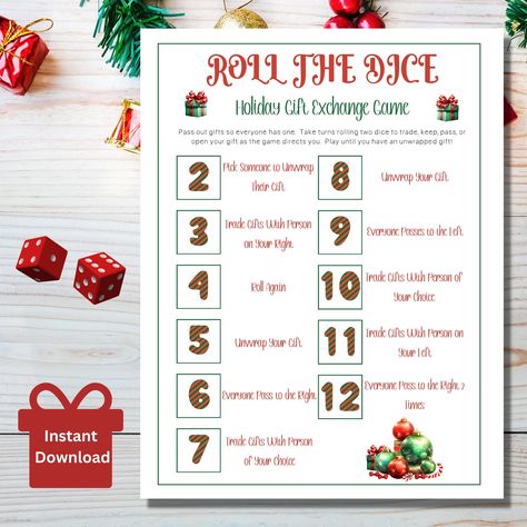 "Roll the Dice Holiday Gift Exchange Game Are you looking for a fun and creative way to host a holiday gift exchange?  This Roll the Dice Gift Exchange Game is perfect for work parties, white elephant gift exchanges, family Christmas parties, class party, or group parties with friends.  Perfect for adults and kids too! Pass out gifts until each person has one gift.  Have each person take turns rolling two dice and pass the gifts according to the directions.  This game is full of passing gifts, t