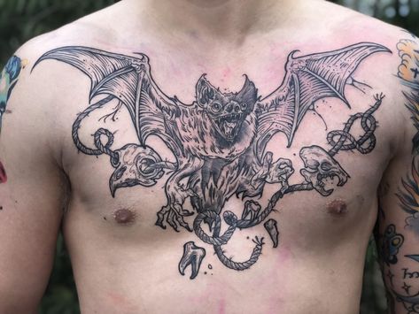 Horizontal Chest Tattoo, Alternative Chest Tattoo, Occult Chest Tattoo, Large Bat Tattoo, Bat Chest Tattoo Men, Spooky Chest Tattoo, Bat Chest Piece, Vulture Chest Tattoo, Demon Chest Tattoo