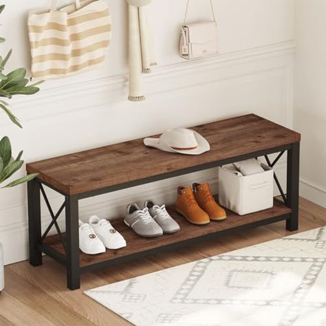 BON AUGURE 2 Tier Shoe Bench with Storage, Wood Metal Entryway Bench, Industrial Shoe Rack Bench for Entrance, Hallway, Mudroom, Bedroom, Indoor (Rustic Oak) Foyer Benches Entryway, Entry Storage Bench, Bedroom Mudroom, Simple Shoe Rack, Industrial Shoe Rack, Entry Storage, Door Bedroom, Shoe Rack Bench, Wood Storage Bench