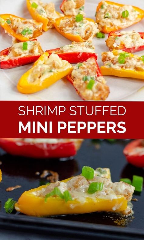 Bell Pepper Appetizer, Shrimp Rangoon, Stuffed Mini Bell Peppers, Mini Peppers Recipes, Mini Bell Peppers, Cheesy Shrimp, Sweet Pepper Recipes, Seasoned Shrimp, Shrimp Appetizer Recipes