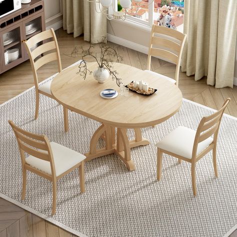 PRICES MAY VARY. Rubber Wood 🍹【Farmhouse Dining Table Set for 4】This round dining set includes a table and four chairs, featuring a pedestal base with four trusses reminiscent of industrial design yet with a rustic touch. The upholstered seats and extendable table enhance its functionality, offering versatility for daily life. 🍹【Solid & Durable】This dining set showcases table legs and chairs meticulously crafted from rubberwood, ensuring durability and strength. The tabletop is constructed fro Extendable Kitchen Table, Extendable Dining Table Set, Round Extendable Dining Table, Ladder Back Dining Chairs, Round Pedestal Dining, Round Pedestal Dining Table, Round Dining Table Sets, Round Dining Set, Table Extensible