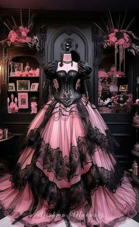 Vishma Maharaj, Goth Wedding Dresses, Gothic Dresses, Glamouröse Outfits, Fantasy Clothes, Black And Pink Dress, Gothic Wedding Dress, Goth Dress, Fantasy Gowns