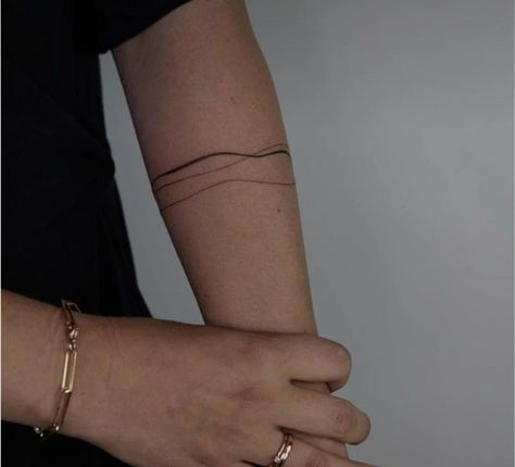 Minimalist Funny Tattoo, Messy Line Tattoo, Fine Word Tattoo, Lines Around Arm Tattoo, Abstract Tattoo Designs Minimalist, Line Tattoos Arm, Male Wrist Tattoos, Bicep Band Tattoo, Handle With Care Tattoo