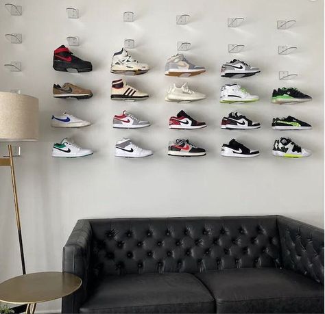 Jordan Shoe Wall Display, Shoe Display Ideas Bedroom, Shoe Display Ideas, Sneaker Shelf, Floating Shoe Rack, Sneaker Shelves, Expensive Sneakers, Sneaker Displays, Wall Mounted Shoe Rack