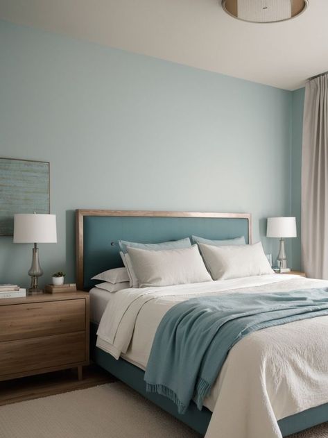 Create a serene and stylish bedroom with a light teal accent wall, complemented by crisp white bedding and furniture. Add warmth and texture with touches of natural wood and finish off the look with modern metallic accessories for a sophisticated touch. Light Teal Paint Colors, Teal Accent Wall Bedroom, Teal Accent Wall, Light Teal Paint, Paint Colors For Bedroom, Colors For Bedroom, Teal Paint Colors, Teal Accent Walls, Teal Paint