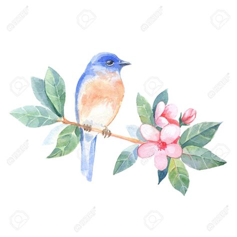 Bird On Flower Drawing, Watercolor Flower And Birds, Painting Of Birds On A Branch, Bird And Flower Watercolor, Birds On Branches Painting, Paper Mosaics, Branch Tattoo, Paper Mosaic, Colour Painting