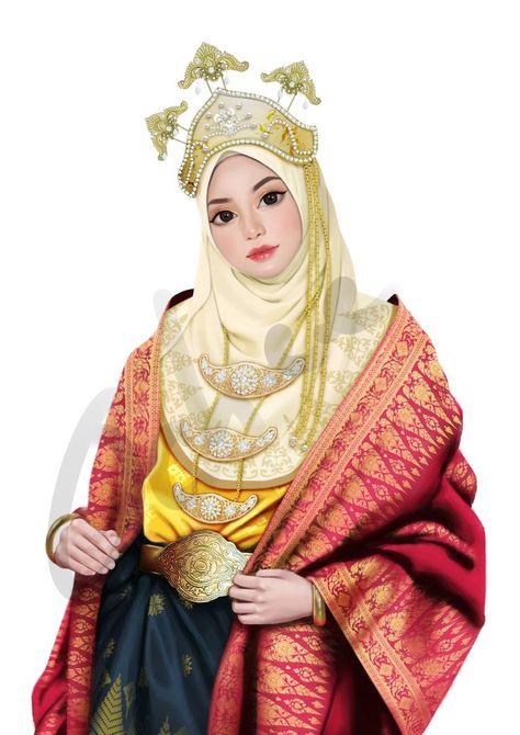 Malaysia Culture Illustration, Traditional Outfits Malaysia, Malaysian Clothes, Malay Traditional, Types Of Fashion, Fesyen Islam, Prints Illustration, Fantasy Wall Art, Fashion Design Collection