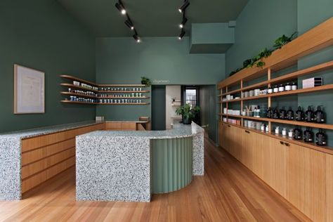 Modern Pharmacy, Dispensary Design, Nathalie Kelley, Pharmacy Design, Tasmanian Oak, Australian Architecture, Brown Walls, Retail Interior, Timber Flooring