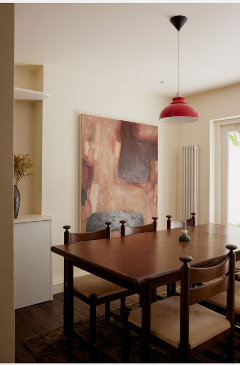 Townhouse Dining Room, Convert Dining Room, Calm Workspace, Walnut Wood Dining Table, Brown Dining Room, Crowded House, Wood Dining Room Table, Two Bedroom House, Yellow Tile