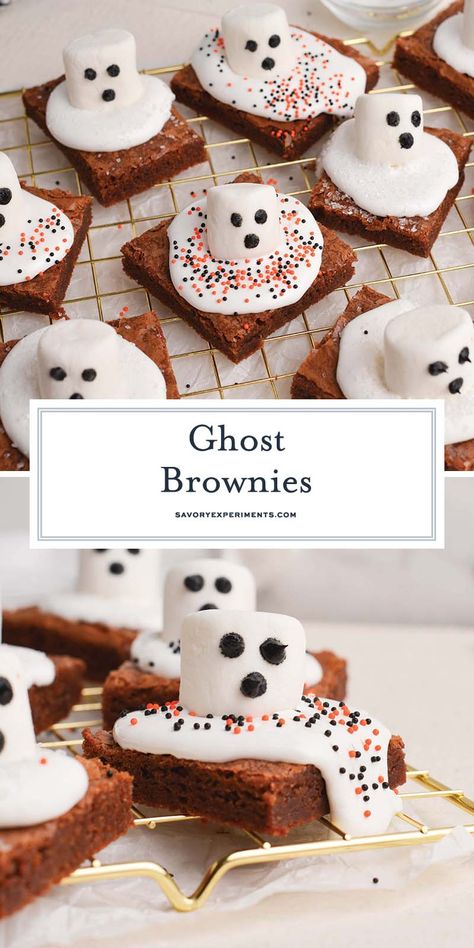 These EASY Ghost Brownies are made with a base of store-bought or homemade brownies and use marshmallows and fluff to make a ghost topping! Ghost Brownies Marshmallow, Easy Halloween Desserts For Parties, Tasty Brownies, Ghost Brownies, Marshmallow Ghosts, Rice Cereal Treats, Fabulous Desserts, Store Bought Frosting, Fun Halloween Treats