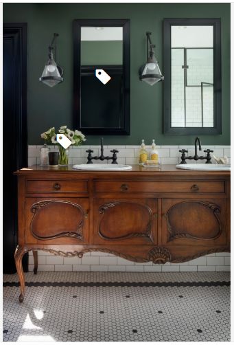 Benjamin Moore Dakota Shadow Recessed Medicine Cabinet, Antique Buffet, Bad Inspiration, Green Walls, Upstairs Bathrooms, Bad Design, Green Interiors, Green Bathroom, Hus Inspiration