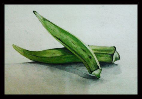 lady finger in water color Ladies Finger Drawing, Lady Finger Painting, Lady Finger Vegetable, Simple Car Drawing, Object Painting, How To Draw Fingers, Poster Rangoli, Vegetable Drawing, Fruit Art Drawings