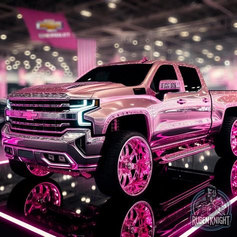 Hot Pink Truck, Dream Trucks Chevy, Pink Lifted Trucks, Pink Chevy Trucks, Pink Chevy, Truck Paint Jobs, Jeeps Wrangler, Lifted Vehicles, Car Aesthetics